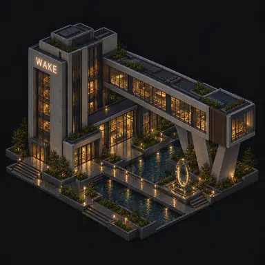 Isometric pixel-art headquarters of Wake