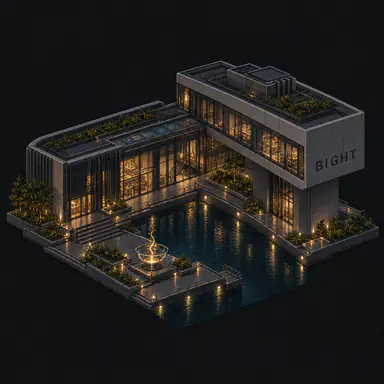 Isometric pixel-art headquarters of Bight