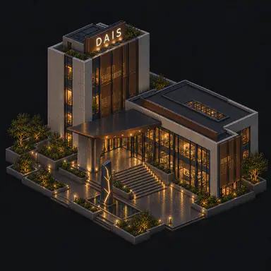 Isometric pixel-art headquarters of Dais