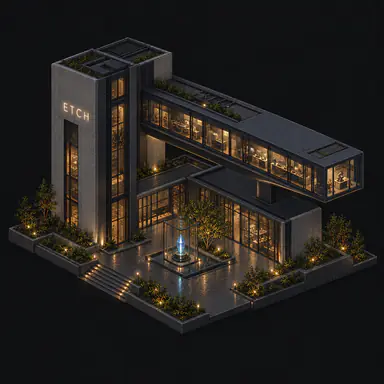Isometric pixel-art headquarters of Etch