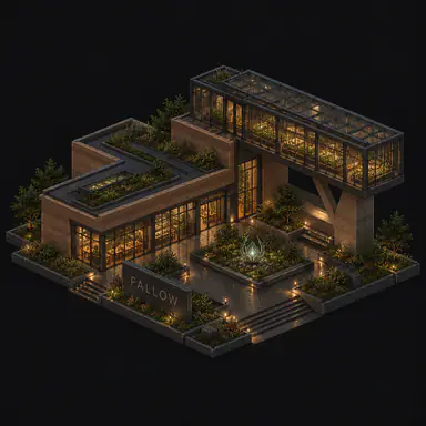 Isometric pixel-art headquarters of Fallow
