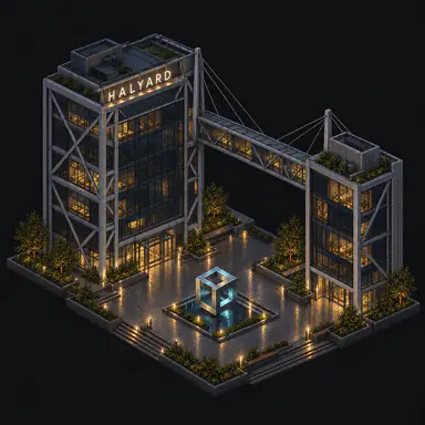 Isometric pixel-art headquarters of Halyard