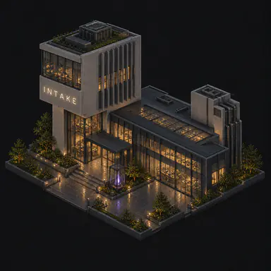 Isometric pixel-art headquarters of Intake