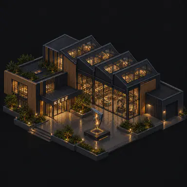 Isometric pixel-art headquarters of Kerf