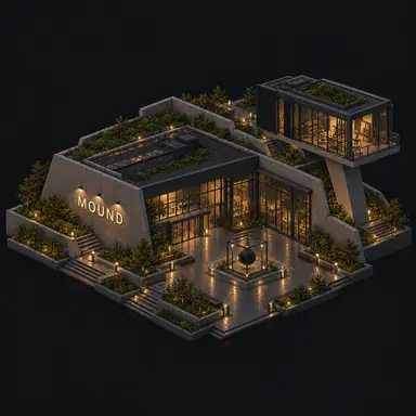 Isometric pixel-art headquarters of Mound