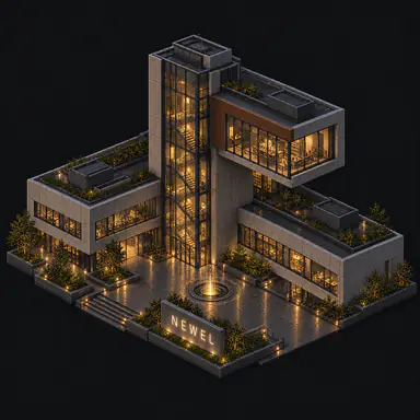 Isometric pixel-art headquarters of Newel