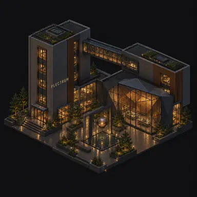 Isometric pixel-art headquarters of Plectrum