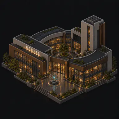 Isometric pixel-art headquarters of Radial