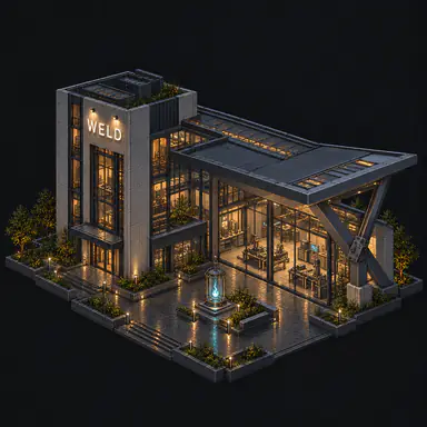 Isometric pixel-art headquarters of Weld