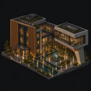 Isometric pixel-art headquarters of Xylem