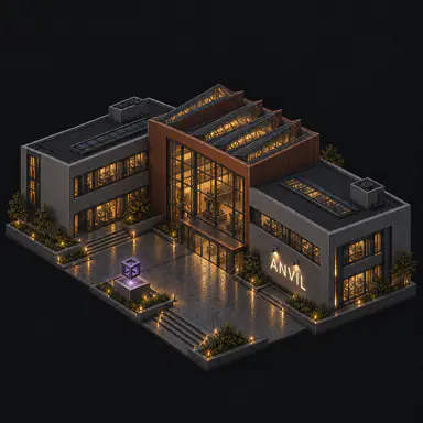 Isometric pixel-art headquarters of Anvil