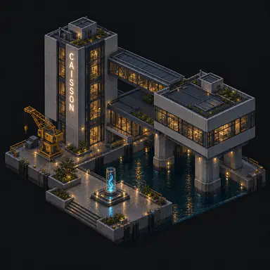 Isometric pixel-art headquarters of Caisson