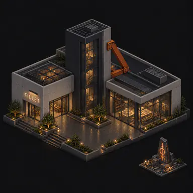 Isometric pixel-art headquarters of Fillet