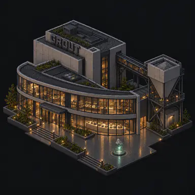 Isometric pixel-art headquarters of Grout