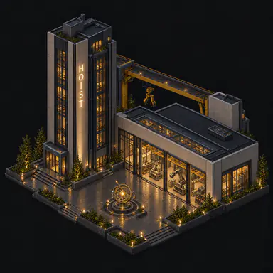Isometric pixel-art headquarters of Hoist