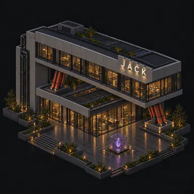 Isometric pixel-art headquarters of Jack
