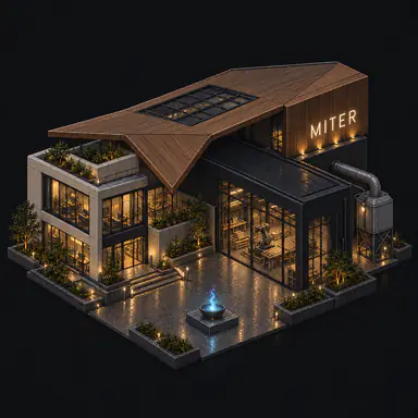 Isometric pixel-art headquarters of Miter