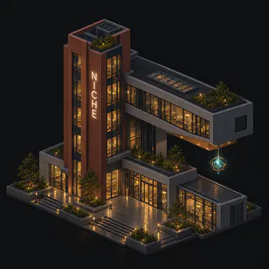 Isometric pixel-art headquarters of Niche