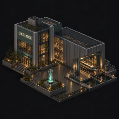 Isometric pixel-art headquarters of Oarlock