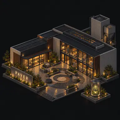 Isometric pixel-art headquarters of Paver