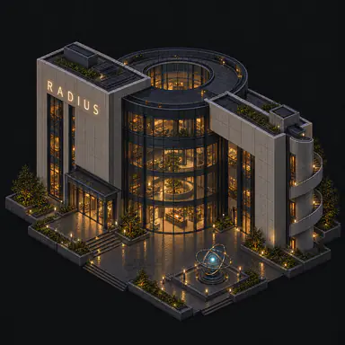 Isometric pixel-art headquarters of Radius