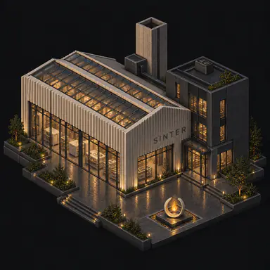 Isometric pixel-art headquarters of Sinter