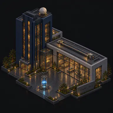 Isometric pixel-art headquarters of Yawline