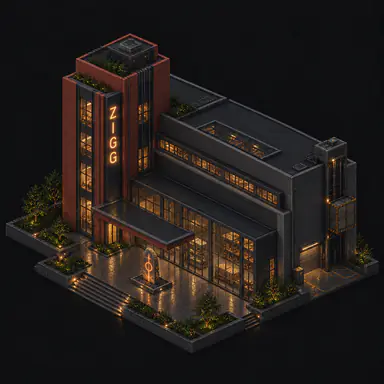 Isometric pixel-art headquarters of Zigg