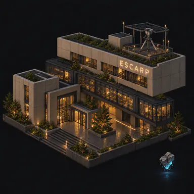 Isometric pixel-art headquarters of Escarp