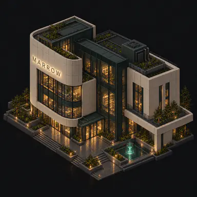 Isometric pixel-art headquarters of Marrow