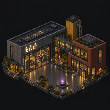 Isometric pixel-art headquarters of Rivet