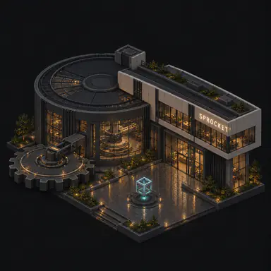 Isometric pixel-art headquarters of Sprocket