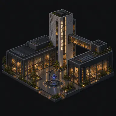 Isometric pixel-art headquarters of Aperture
