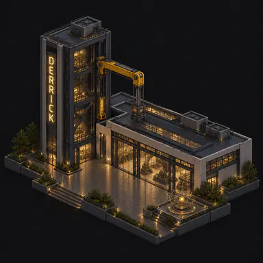 Isometric pixel-art headquarters of Derrick
