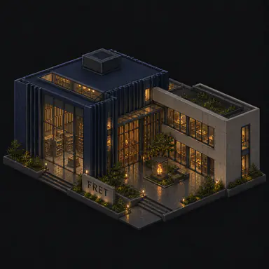 Isometric pixel-art headquarters of Fret