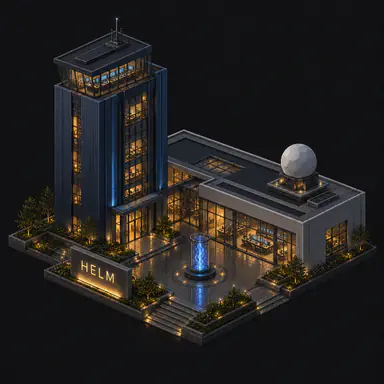 Isometric pixel-art headquarters of Helm