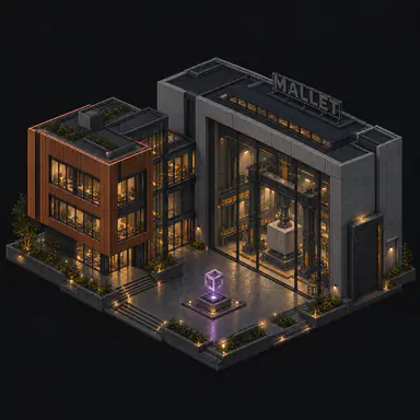 Isometric pixel-art headquarters of Mallet