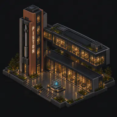 Isometric pixel-art headquarters of Piston