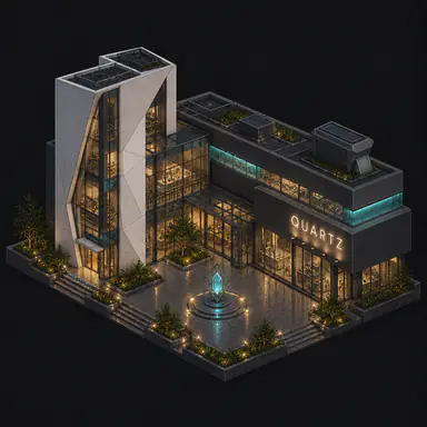 Isometric pixel-art headquarters of Quartz