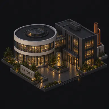 Isometric pixel-art headquarters of Retort