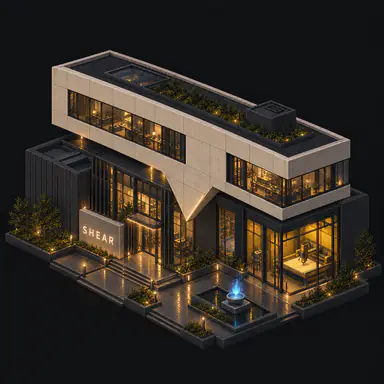 Isometric pixel-art headquarters of Shear