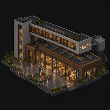 Isometric pixel-art headquarters of Tenon