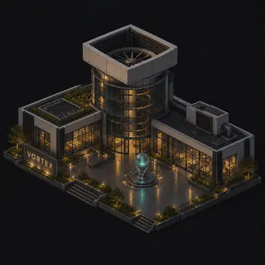 Isometric pixel-art headquarters of Vortex