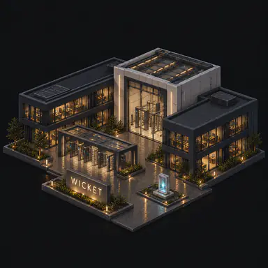 Isometric pixel-art headquarters of Wicket