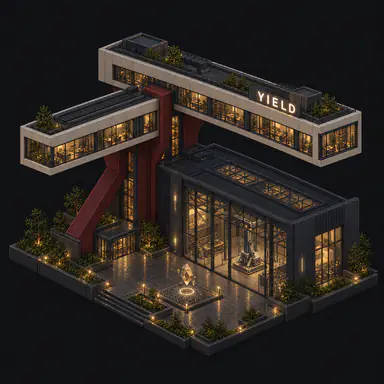 Isometric pixel-art headquarters of Yield