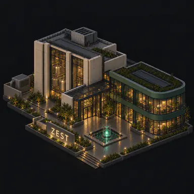 Isometric pixel-art headquarters of Zest