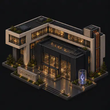 Isometric pixel-art headquarters of Grommet