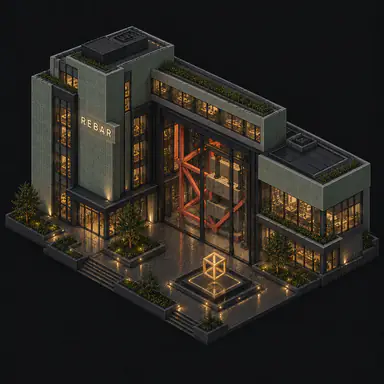 Isometric pixel-art headquarters of Rebar
