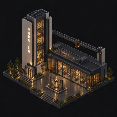 Isometric pixel-art headquarters of Vernier