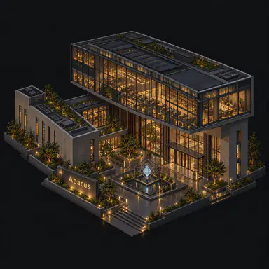 Isometric pixel-art headquarters of Abacus